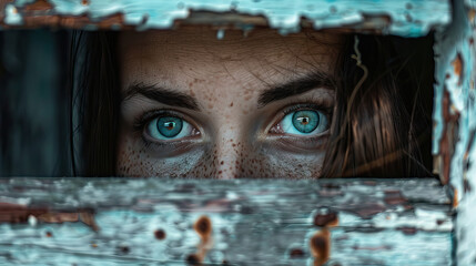 Ghastly Gaze: Woman with Hollow Eyes, Staring from an Abandoned House