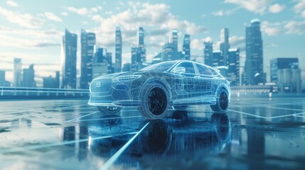 Wireframe car concept on the road with a futuristic city in the background. SUV car with a front side view in 3D. Professional rendering of own designed generic non existing car model in 3D.