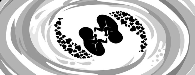 it's twins! Multiple pregnancy. Monozygotic twins (embryos). Design element for pregnancy theme. Maternity, motherhood, baby.  Baby Desire.  Fetus.   illustration
