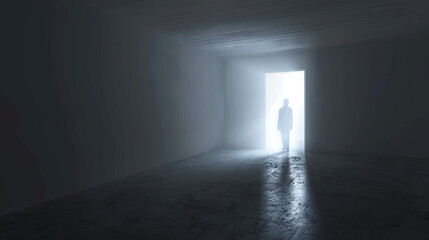 Whispers in the Dark: Person in Empty Room, Hearing Unseen Voices. - obrazy, fototapety, plakaty