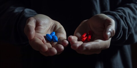 mysterious man give Red and blue pills on two hand isolated on black background,