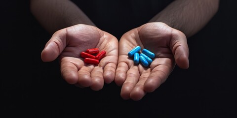 mysterious man give Red and blue pills on two hand isolated on black background,