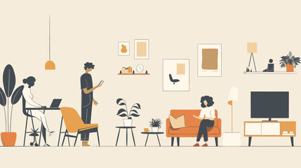 llustration of  a living room in a flat design aesthetic with simple lines and a minimalistic style