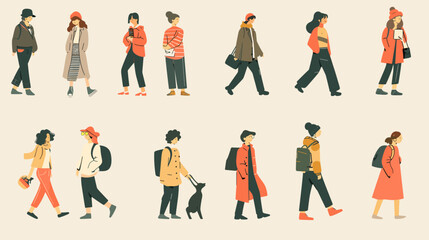 A set of people walking in flat illustrations with simple lines and colors in the vector illustration
