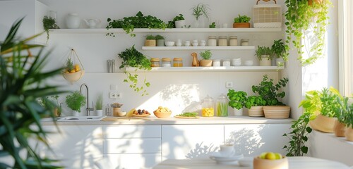 Mediterranean style kitchen, bright and sunny space with a lot of herbs and plants