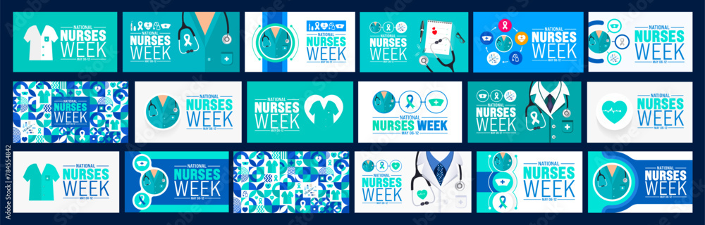 Wall mural 6th to 12th May is National nurses week background template mega bundle. nurse dress, medical instrument, medicine, Medical and health care concept. Celebrated annually in United States. - Wall murals