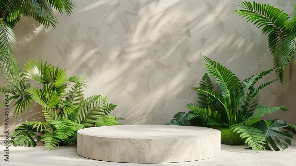 Poster background for product display with fern garden scene and natural beauty. 3d rendering.