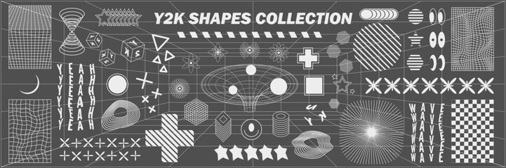 Abstract geometry hud wireframe shapes and patterns, cyberpunk elements, icon s and perspective grid s. Surreal geometric signs. Rave psychedelic futuristic Y2k acid aesthetic set. Vector illustration