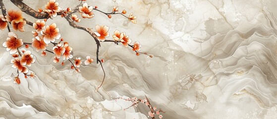 Cat and art natural landscape background with watercolor texture modern. Vintage flower and branch decoration with cherry blossoms.