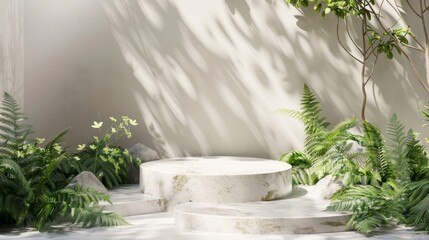 A natural beauty podium backdrop with a fern garden scene for displaying products. 3D rendering.