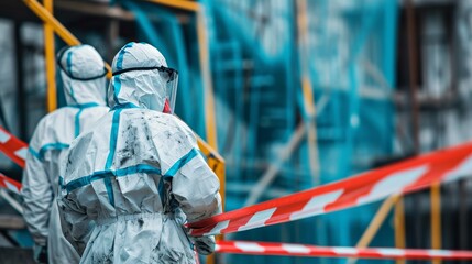 Two people in hazmat suits and masks working in industrial building