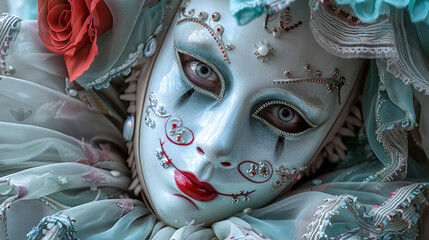 Macabre Mask: Woman with Porcelain Mask, Concealing a Twisted Smile