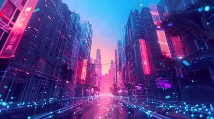 Illustration of a street in a metaverse city.