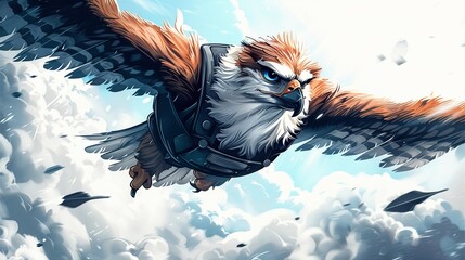 A hawk wielding wind magic, soaring above the clouds in a sky castle surrounded by swirling air currents - obrazy, fototapety, plakaty