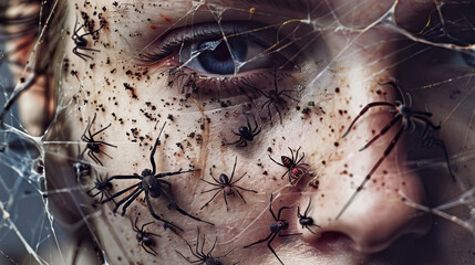 Creepy Crawlies: Person with Spiders Crawling on Skin - obrazy, fototapety, plakaty