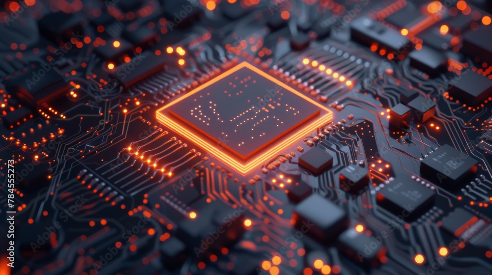 Poster Visualization of Artificial Intelligence Processor Microchip in 3D. Electric Lines Connect Into AI Symbol.