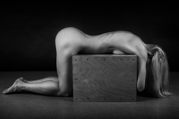 Art black and white photo of naked beautiful woman. Beauty nude yoga girl posing on black...