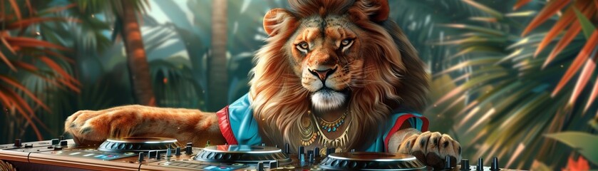 A lion DJ ruling the dance floor with regal beats at a safari night event, captured in majestic, vibrant vector designs