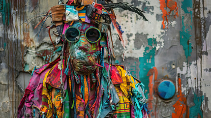 Absurd Artistry: Person in Odd Attire, Creating Sculptures from Recycled Junk.