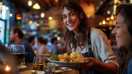 Happy waitress serving food to group of friends in pub