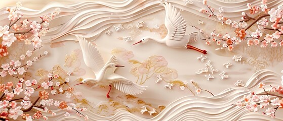 A crane bird decoration modern. A Japanese background with cherry blossom icons. A hand drawn wave Chinese cloud decoration in a vintage style.