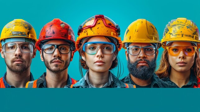Group of construction workers in hardhats against a teal background