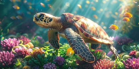 A picture at the bottom of the ocean with turtle
