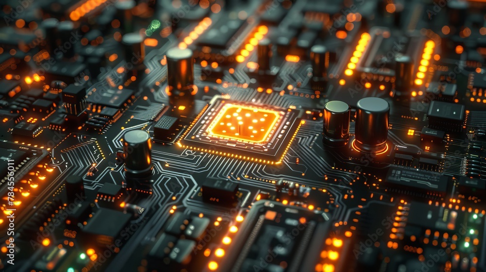 Fototapete Cyberpunk AI in 3D. Circuit board. Technology background. CPU and GPU concept. Motherboard digital chip....