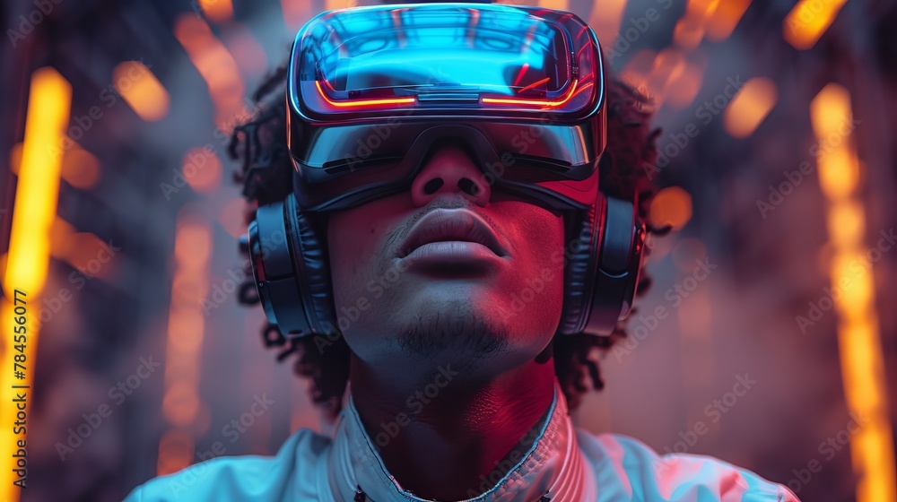 Aufkleber 3D rendering of man in futuristic VR headset. Digital computer entertainment technology. Augmented reality helmet on head. VR glasses.