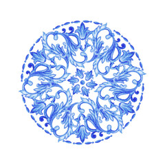 Vector decorative circular pattern blue and white design with frame or border. Baroque Vector mosaic. Traced watercolor. - 784556008