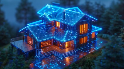 The design and implementation of a smart home system that automates objects through wireless internet 5g. Programmed intelligence algorithms for smart homes. An isometric concept for a smart house. - obrazy, fototapety, plakaty