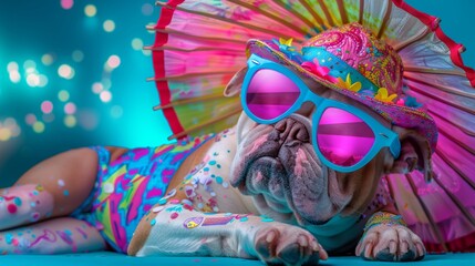 A bulldog in swim trunks and a floppy hat, napping under an umbrella, illustrated in bold, bright vector colors