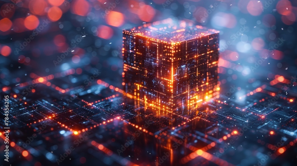 Poster Digital technology concept banner. Cube or block as matrix of digits. Block chain of abstract data communicated with the world via the internet. Cloud computing, networking, shared access in 3D.