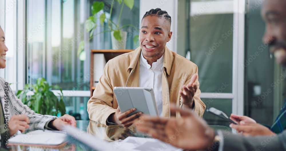 Poster tablet, business people in meeting with boss and man at pitch feedback for project management worksh