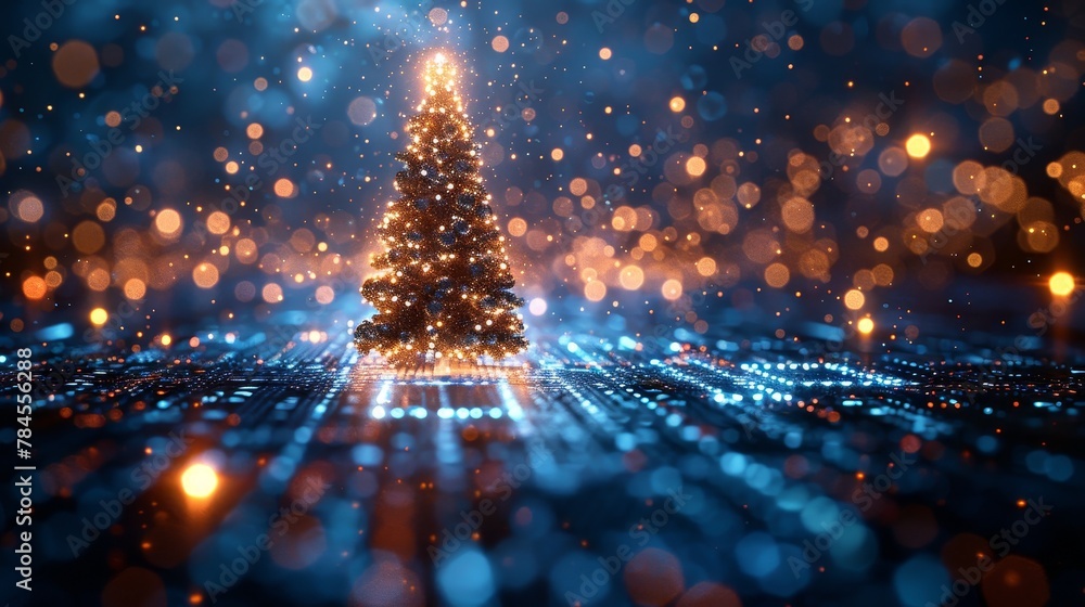 Aufkleber christmas poster with christmas tree, digits 2023 in electronic technology style. merry christmas co