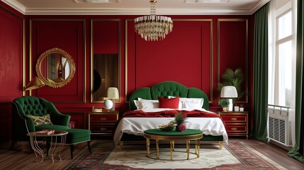 Gold table between green armchair and bed in sophisticated red bedroom interior with mirror