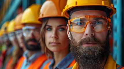 Team of dedicated workers with safety goggles and helmets - 784556258
