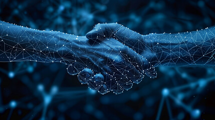 Symbolizing partnership in the digital era, an abstract image features two hands engaging in a handshake, formed by a digital network of connections.