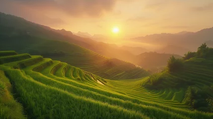 Badkamer foto achterwand Sunrise over terraced rice fields in rural China, capturing the harmony of traditional agriculture and the beauty of the Chinese countryside. © NaphakStudio