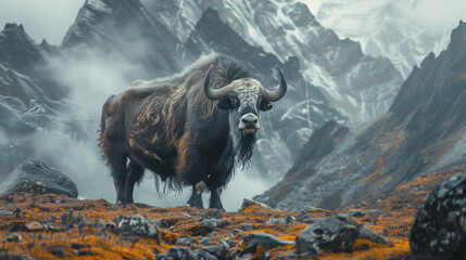 A solitary yak stands resilient against the backdrop of mist-covered mountains, embodying the wild...