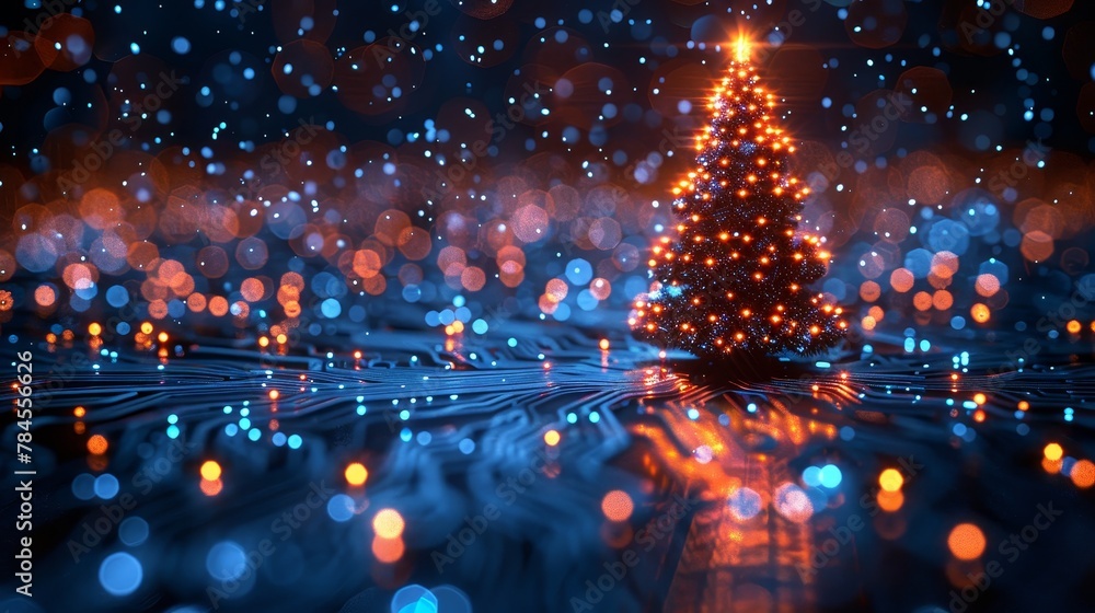Fototapete Template Christmas cards in the style of new technology. Christmas tree on printed circuit board 2023. Particles of snow falling from electronic pulses and signals.