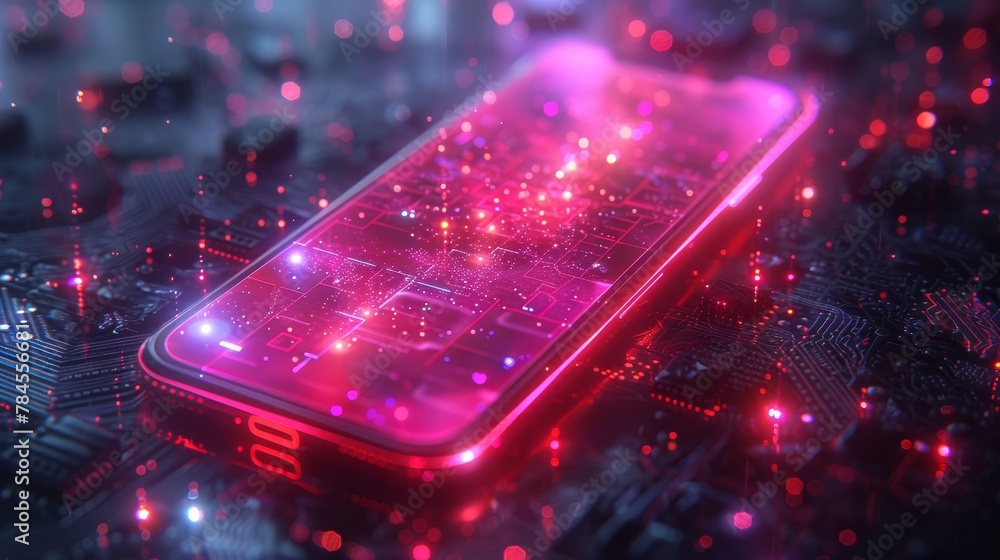 Poster Technology isometric concept. Smartphones and internet connections throughout the globe. Artificial intelligence, big data, cloud computing, neural networks in phones. Phone app development.
