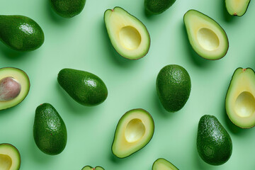Freshly cut avocados arranged in a pattern on a vibrant green background, concept of healthy eating...