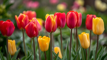 Obraz premium Vibrant Bloom: Red and Yellow Tulips in Spring