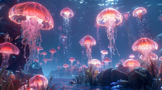 3Drendered Mars tank with glowing jellyfish, imagining extraterrestrial light sources