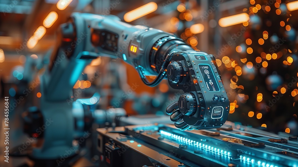 Aufkleber the robotic arm of an industrial robot decorates a virtual christmas tree in the style of a modern t