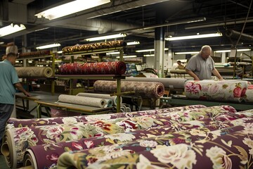 textile factory, rolls of floral fabrics await transformation under the skilled hands of veteran craftsmen
