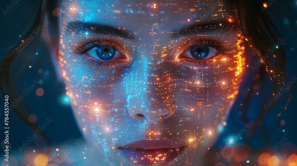 Poster An image of artificial intelligence with a mind looking at trading charts. A neural network analyzes finance economic digital data. A robot trader works at the stock exchange.