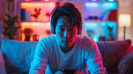 Asian man gaming, colorful neon living room, headphones on, smartphone competition, copy space
