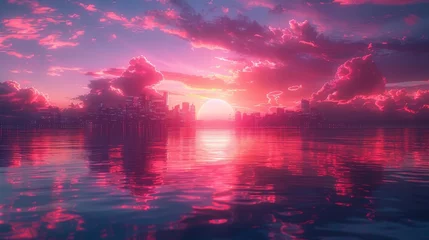 Foto auf Acrylglas Lavendel Animated retro tech city landscape background. View of futuristic cityscape on sunset. Digital neon color future city background. City silhouette on horizon. Retro futuristic.